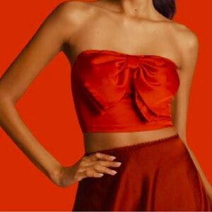 Anthropologie romantic red satin bow bandeau top, size Large